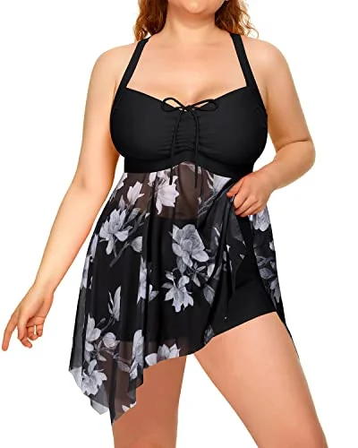 Retro Mesh Long Torso Swimsuits Tankini Two Piece Swim Dress-Black Fun Pattern Swimsuit