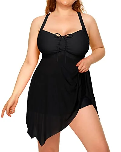 Slimming Ruffled Mesh Swim Dress Boyshorts For Women-Black Tropical Print One-Piece