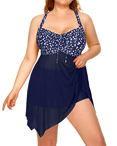 Flowy Hem Mesh Tankini Two Piece Swim Dress Long Torso Swimsuits-Blue Dot Elegant Swim Dress