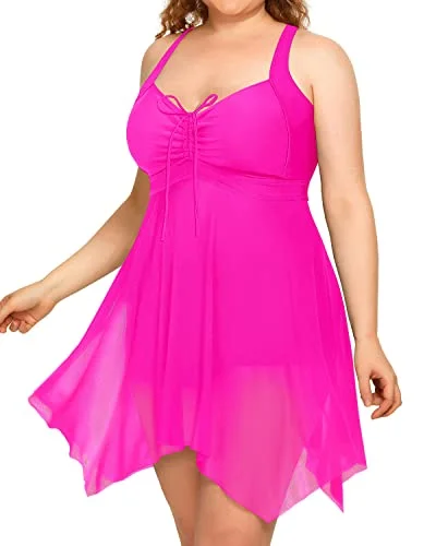 Plus Size Criss-Cross Open Back Two Piece Swim Dress-Neon Pink Trendy Swimsuit Bottoms