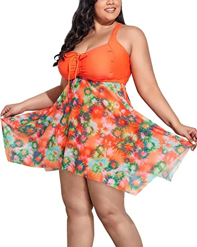 Mesh Tankini Swim Dress Boyshorts For Plus Size Women-Orange Beachy Ruffle Bikini