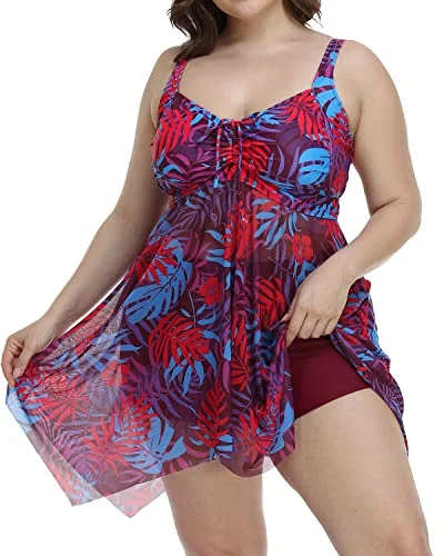 Retro Mesh Two Piece Swim Dress Boyshorts For Plus Size Women-Purple Leaf Quick-Dry Tankini