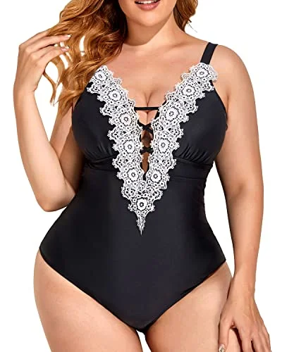 Crochet Trim Tummy Control Plus Size One Piece Swimsuits For Women-Black Sleek Full Coverage