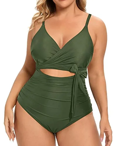 Wrap Tie High Waisted Tummy Control Cutout Swimsuits-Army Green Comfortable Swim Shorts