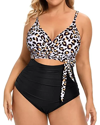 Backless High Waisted Tummy Control One Piece Swimwear-Black And Leopard Adjustable Strap Swimsuit