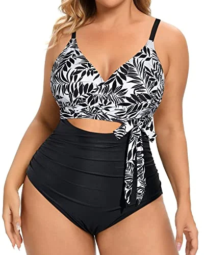 Trendy High Waisted Cutout Open Back Swimwear For Women-Black Leaves Elegant Swimsuit Bottoms