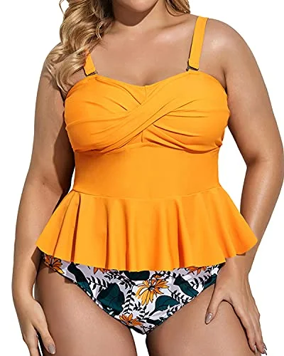 Adjustable Strap Twist Front Two Piece Tankini Set-Yellow Floral Soft Beachwear Set