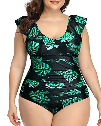 Tummy Control Plus Size One Piece Swimsuits-Black And Green Leaf Chic Swimsuit Cover-Up