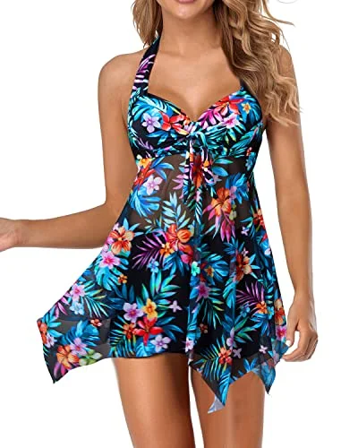 Women's Underwire Swimdress Two Piece Swimsuits Swim Dress Lace-Detail Bikini Set