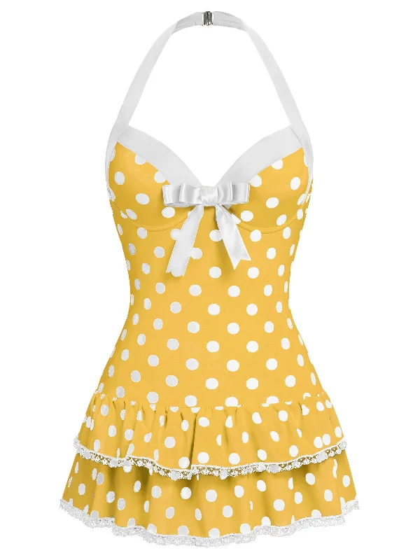 Yellow 1940s Halter Polka Dots Bow Swimsuit Chic Bikini Set