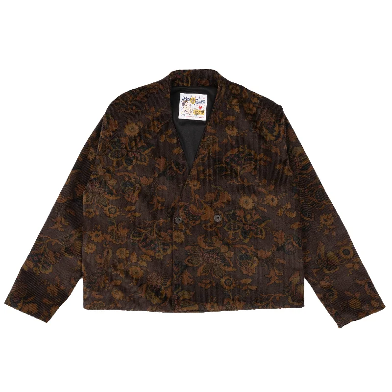 Collarless Jacket - Paisley Corduroy - Brown Notch Collar Peter Pan Collar Cowl Neck Collarless Jacket - Paisley Corduroy - Brown Notch Collar Peter Pan Collar Cowl Neck