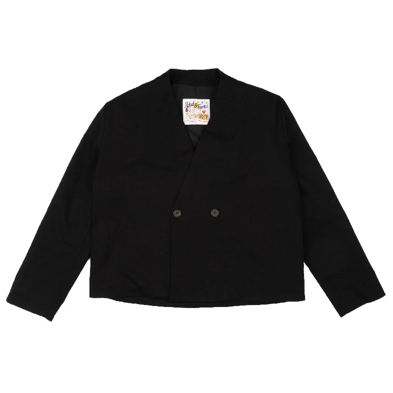 Collarless Jacket - Rinsed Oxford - Black Faux Fur Fabric Real Fur Fabric Shearling Fabric Collarless Jacket - Rinsed Oxford - Black Faux Fur Fabric Real Fur Fabric Shearling Fabric