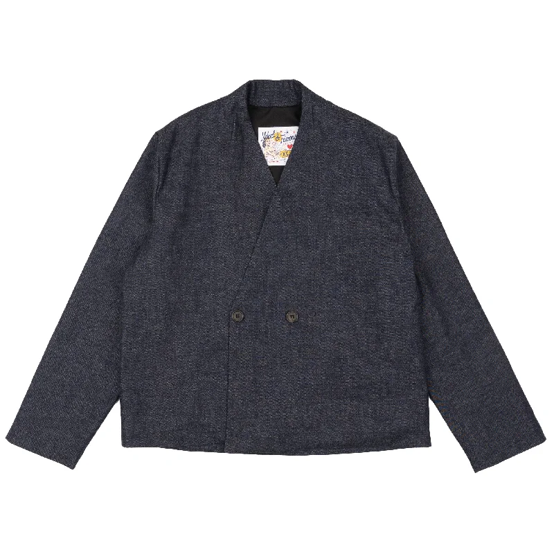 Collarless Jacket - Slub Nep Rinsed - Indigo Stand-Up Collar Roll-Neck Collar Turtle Neck Collarless Jacket - Slub Nep Rinsed - Indigo Stand-Up Collar Roll-Neck Collar Turtle Neck