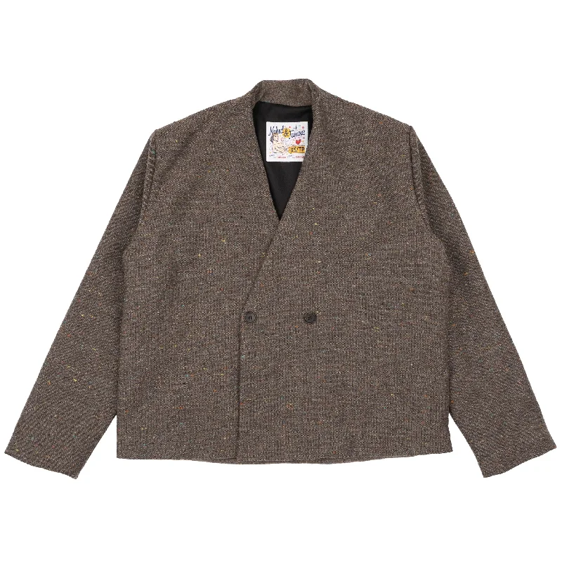 Collarless Jacket - Wool Blend Multi Nep - Brown Notch Collar Jacket Peter Pan Collar Jacket Cowl Neck Jacket