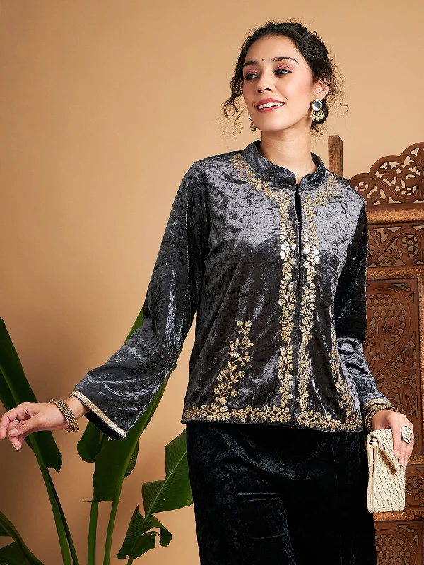 Lyush Women Grey Velvet Embroidered Jacket Fleece Fabric Down Fabric Feather Fabric Lyush Women Grey Velvet Embroidered Jacket Fleece Fabric Down Fabric Feather Fabric