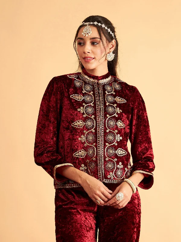 Lyush Women Maroon Velvet Front Embroidered Jacket Zip Front Button Front Snap Front Lyush Women Maroon Velvet Front Embroidered Jacket Zip Front Button Front Snap Front