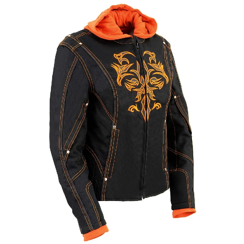 NexGen SH1939 Women's 'Reflective Tribal' Orange and Black 3/4 Textile Vented Jacket Notch Collar Peter Pan Collar Cowl Neck NexGen SH1939 Women's 'Reflective Tribal' Orange and Black 3/4 Textile Vented Jacket Notch Collar Peter Pan Collar Cowl Neck
