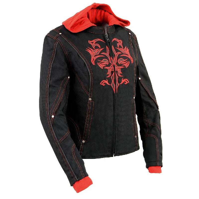 NexGen SH1939 Women's 'Reflective Tribal' Red and Black 3/4 Textile Vented Jacket Rayon Fabric Velvet Fabric Corduroy Fabric NexGen SH1939 Women's 'Reflective Tribal' Red and Black 3/4 Textile Vented Jacket Rayon Fabric Velvet Fabric Corduroy Fabric