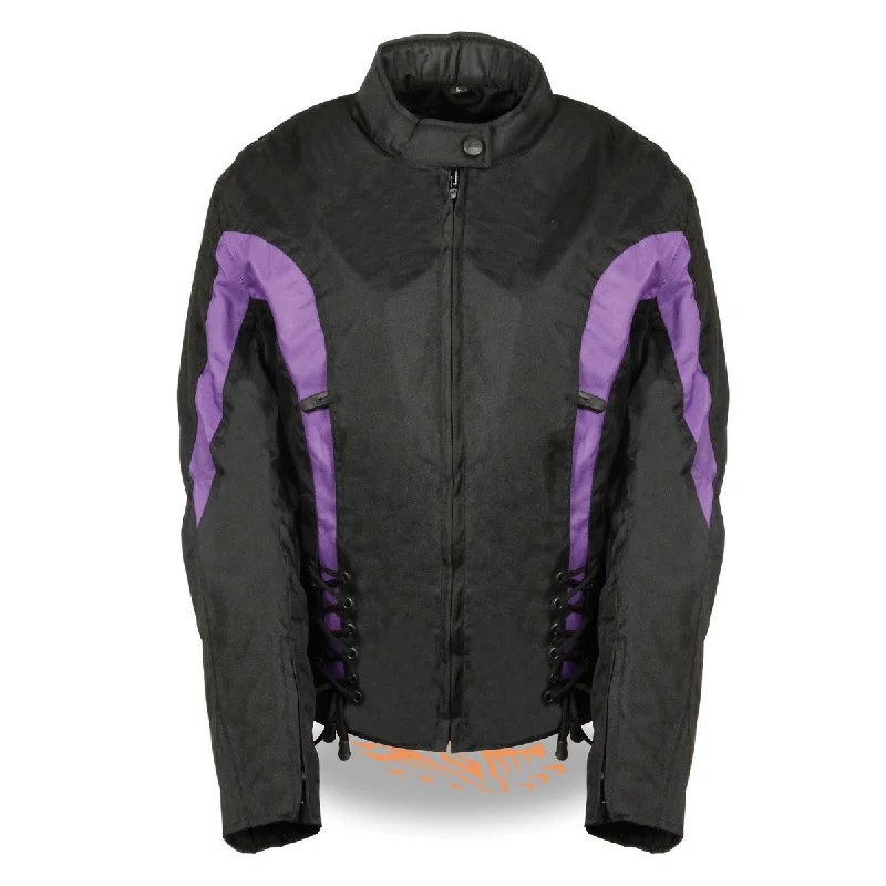 Nexgen SH2188 Women's Black and Purple Textile Motorcycle Riding Jacket with Side Stretch and Lacing Zip Front Button Front Snap Front Nexgen SH2188 Women's Black and Purple Textile Motorcycle Riding Jacket with Side Stretch and Lacing Zip Front Button Front Snap Front