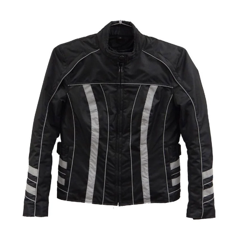 NexGen SH2394 Women's Black and Silver Textile Racer MC Jacket Front Pockets Side Pockets Patch Pockets NexGen SH2394 Women's Black and Silver Textile Racer MC Jacket Front Pockets Side Pockets Patch Pockets