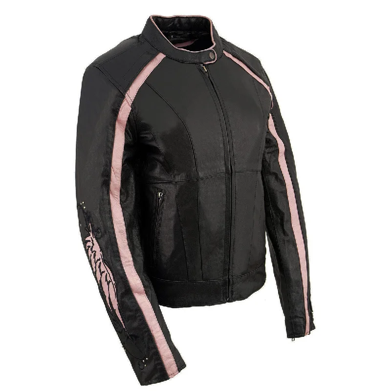 PINK Leather ML1952 Women's Black and Pink Embroidered and Stud Design Scooter Jacket Fleece Fabric Down Fabric Feather Fabric PINK Leather ML1952 Women's Black and Pink Embroidered and Stud Design Scooter Jacket Fleece Fabric Down Fabric Feather Fabric