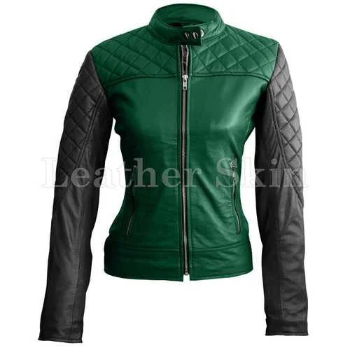 Women Green Leather Jacket Print Jacket Jacquard Jacket Embroidered Jacket