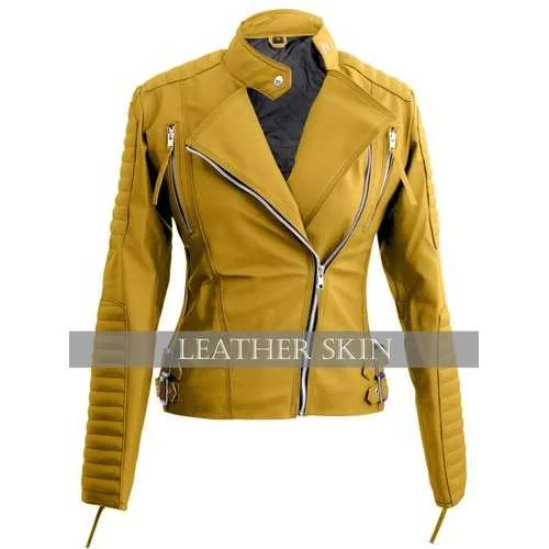 Yellow Women Faux Leather Jacket Cardigan Sweater Pullover