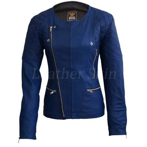 Women Blue Leather Jacket Embroidered Jacket Appliqued Jacket Beaded Jacket