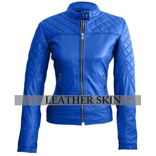 Women Blue Leather Jacket Boat Neck Shawl Collar Notched Collar