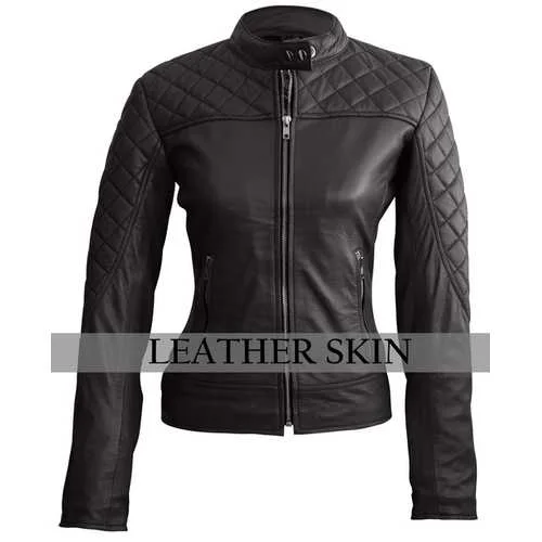 Women Black Leather Jacket Front Pockets Side Pockets Patch Pockets
