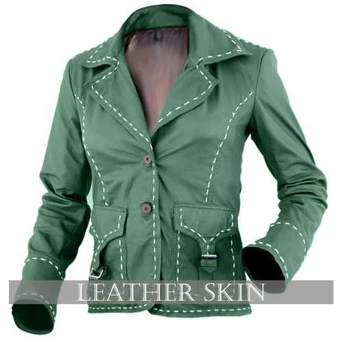 Green Women Leather Jacket Nylon Jacket Polyester Jacket Spandex Jacket