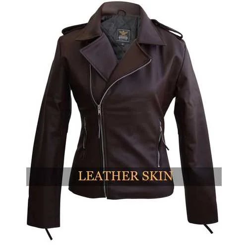 Brown Faux Leather Jacket A-Line Jacket Boat Neck Shawl Collar