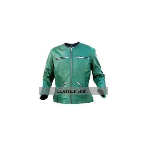 Green Women Leather Jacket Satin Fabric Silk Fabric Chiffon Fabric