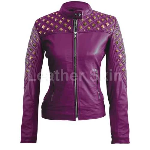 Women Purple Leather Jacket Bomber Jacket Anorak Windbreaker