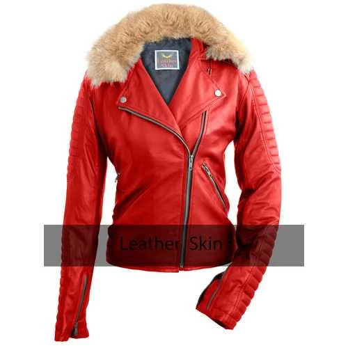 Red Womens Leather Jacket Hoodie Zip-Up Jacket Button-Up Jacket