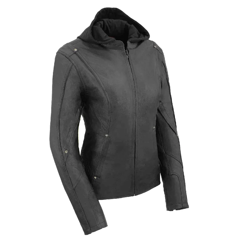 Women Black 3/4 Hooded Leather Jacket with Side Stetch Fit Welt Pockets Slit Pockets Flap Pockets Women Black 3/4 Hooded Leather Jacket with Side Stetch Fit Welt Pockets Slit Pockets Flap Pockets