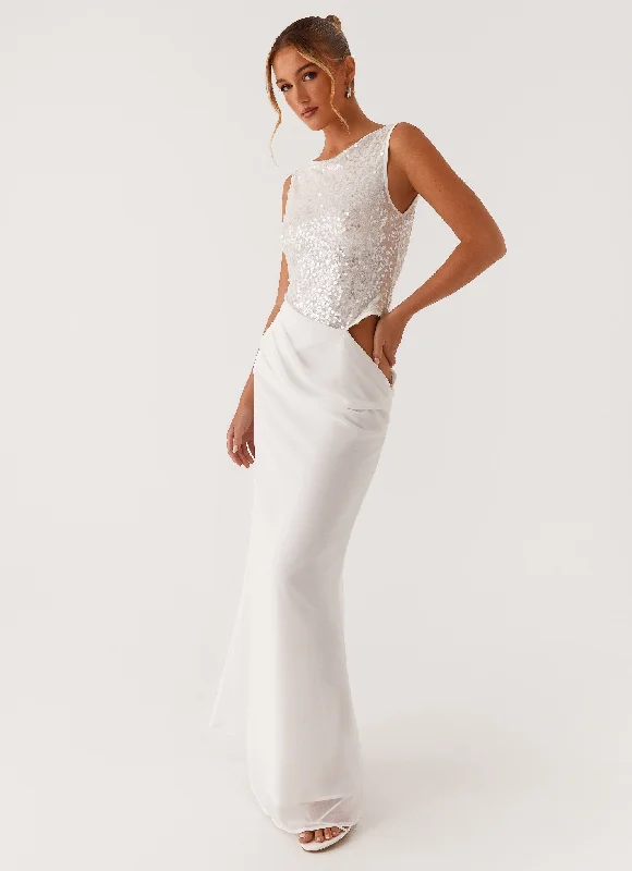 Above Ground Sequin Maxi Dress - White Elegant Maxi Dress with Ruffles