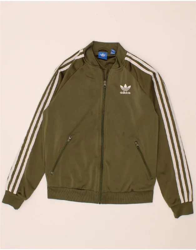 ADIDAS Womens Graphic Tracksuit Top Jacket UK 8 Small Green Polyester A-Line Jacket Boat Neck Shawl Collar