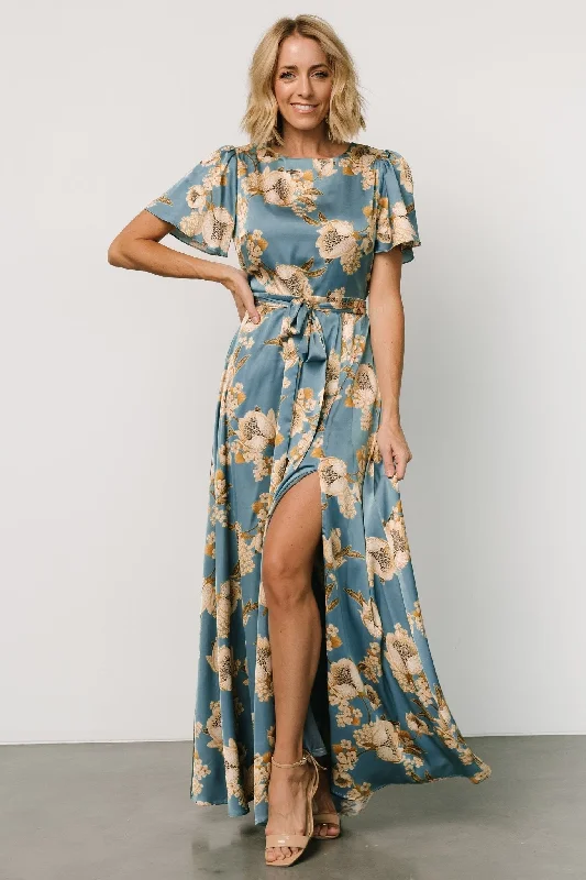 Agnes Satin Maxi Dress | Blue + Gold Cozy Maxi Dress with Slit