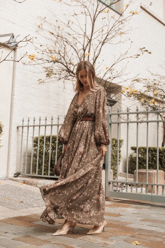 Anisa Maxi Dress - Olive Floral Comfortable Satin Maxi Dress