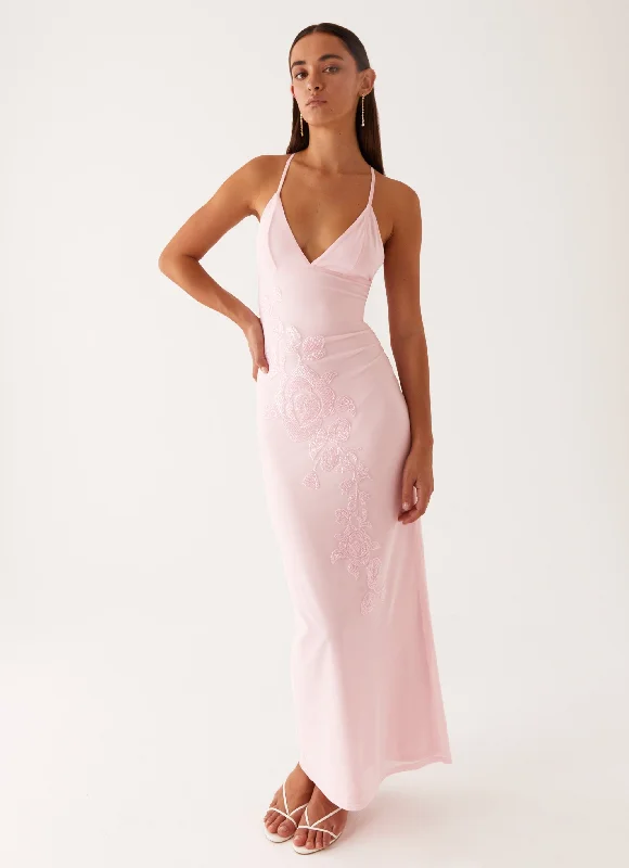 Beki Beaded Mesh Maxi Dress - Pink Cozy Ruffle Sleeve Maxi Dress