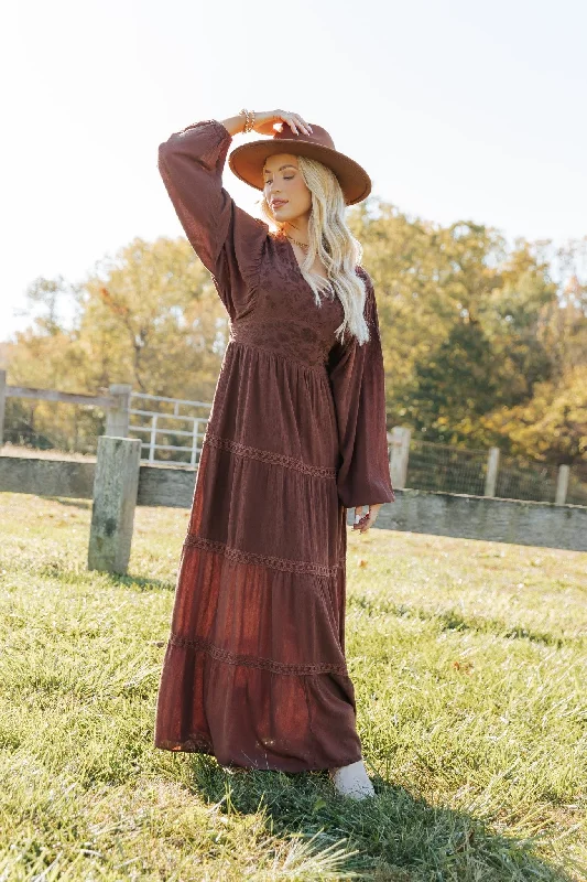 Brown V Neck Embroidered Maxi Dress Comfortable Fit-and-Flare Maxi Dress