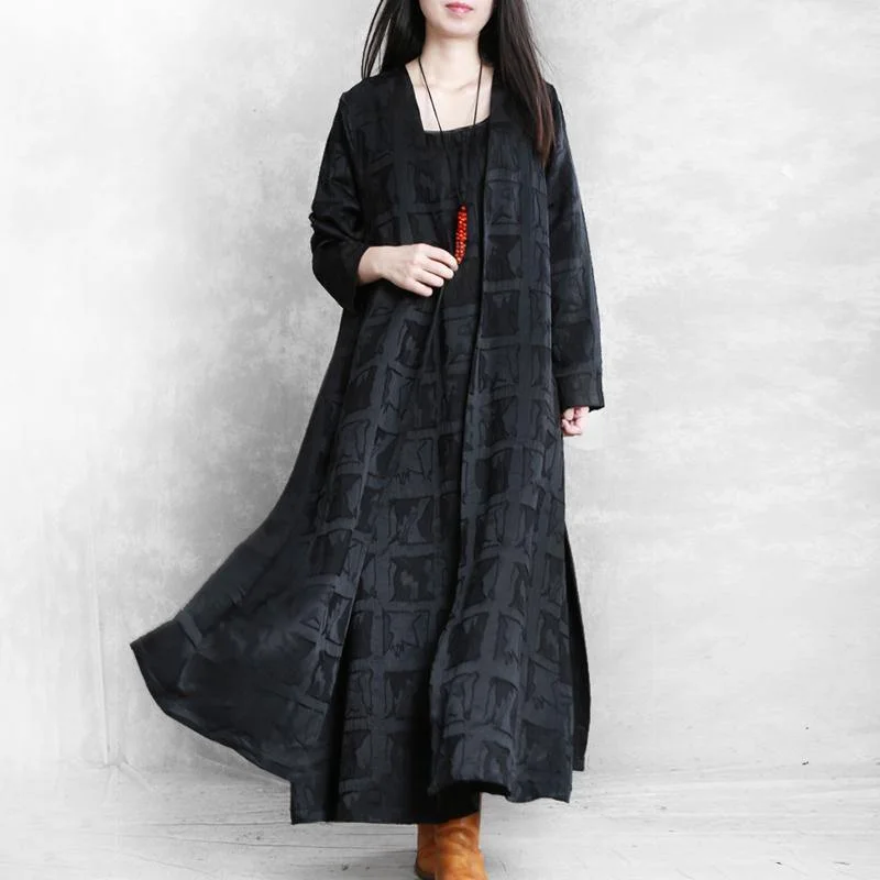 Chic side open two pieces Fashion Long coats black plaid Midi jackets fall Nylon Fabric Polyester Fabric Spandex Fabric