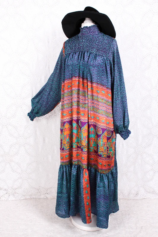 Mona Maxi Dress - Vintage Indian Sari - Violet, Turquoise & Peach Nouveau - Free Size Elegant Boho Maxi Dress