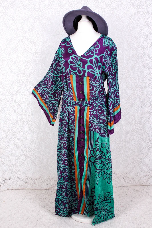 Jasmine Maxi Dress - Purple & Jade Vintage Sari - Size M/L Chic Summer Floral Maxi Dress