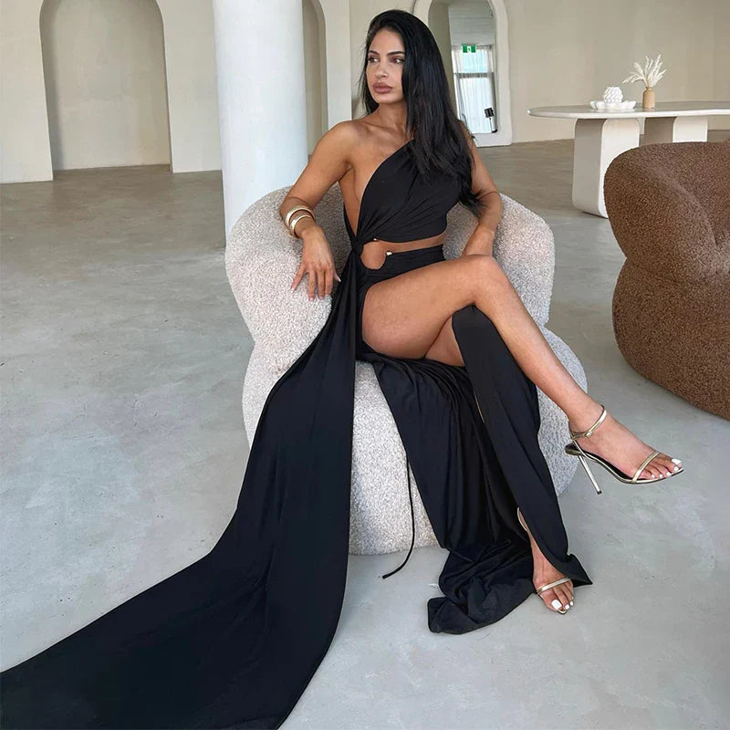 Split Backless Sexy One Shoulder Elegant Long Summer Nightclub Maxi Dress Stylish V-Neck Maxi Dress