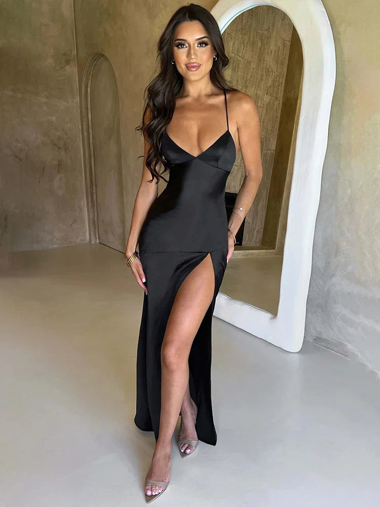 Long Slim Bodycon Spaghetti Strap Split Nightclub Sexy Spring Summer Maxi Dress Fashionable Layered Maxi Dress