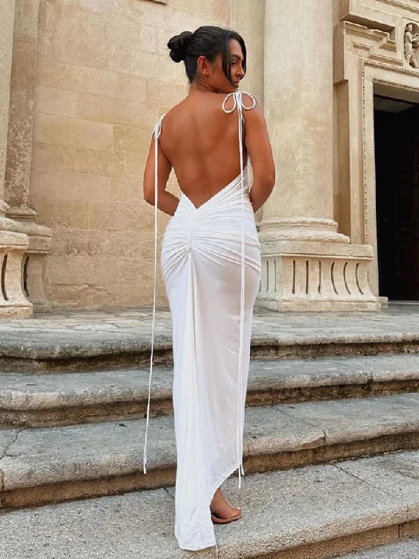 Long Spaghetti Strap Slim Bodycon Backless Nightclub Sexy Summer Maxi Dress Elegant Maxi Dress with Ruffles