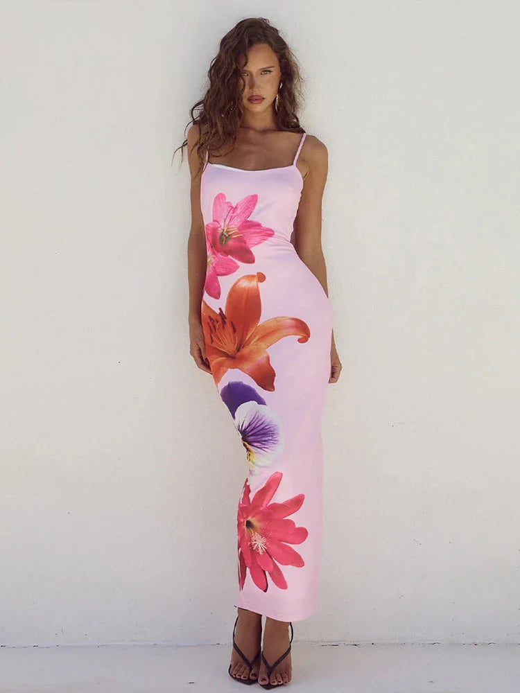 Flower Print Slim Bodycon Spaghetti Strap Backless Sexy Spring Summer Maxi Dress Fashionable Asymmetrical Maxi Dress