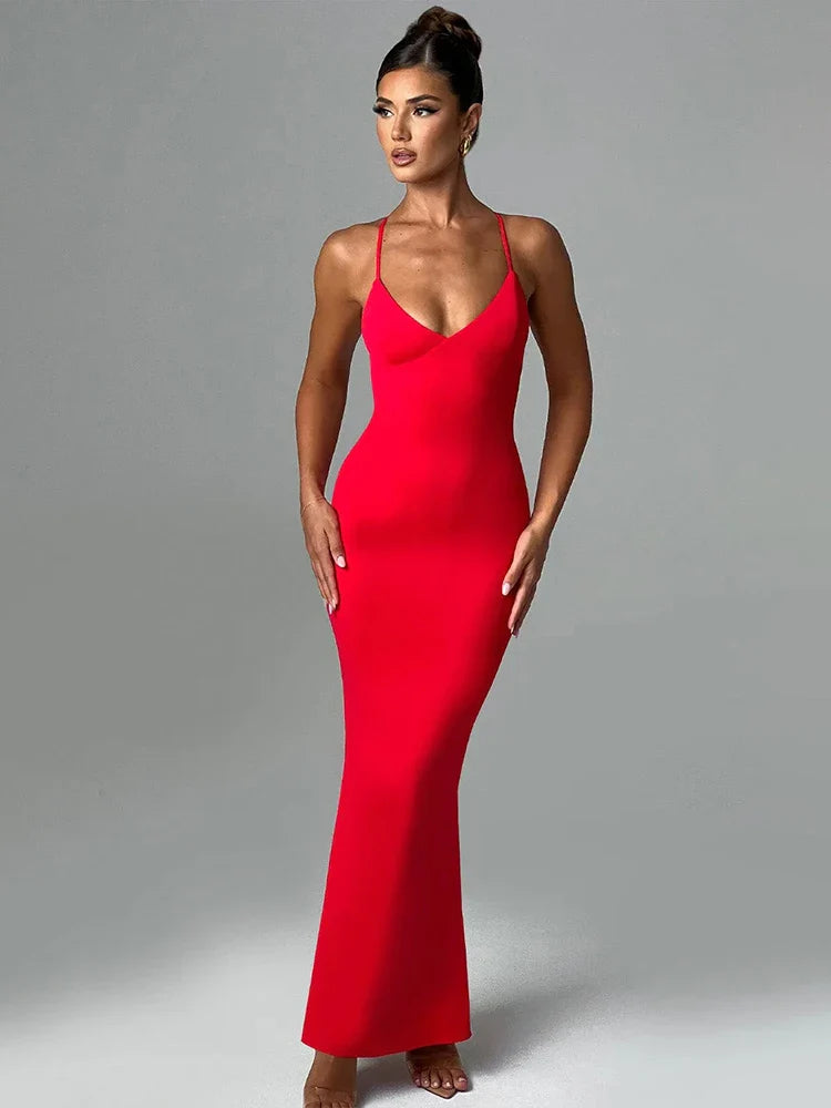 Bodycon Elegant Long Spaghetti Strap Backless Sexy Spring Summer Maxi Dress Fashionable Chiffon Tiered Maxi Dress